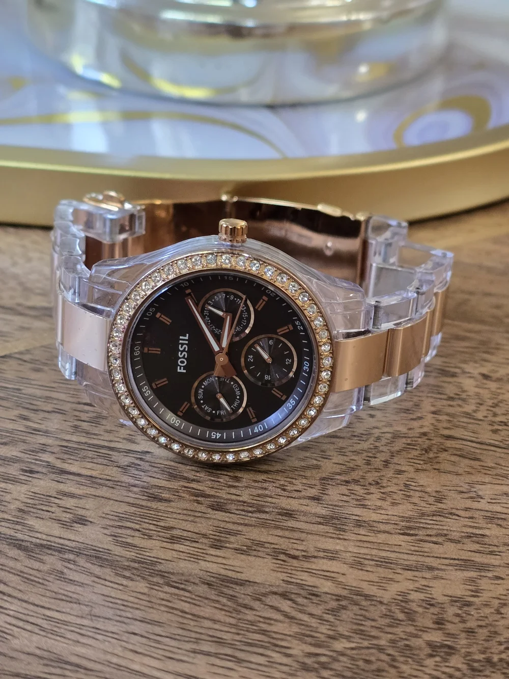 Fossil Crystal-Trim Acrylic Band Watch - Black & Rose Gold Plastic Watch